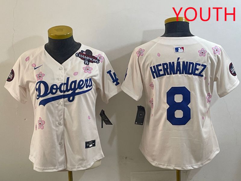 Youth Los Angeles Dodgers #8 Hernandez Cream Sakura Edition 2025 Nike MLB Jersey style 3->youth mlb jersey->Youth Jersey